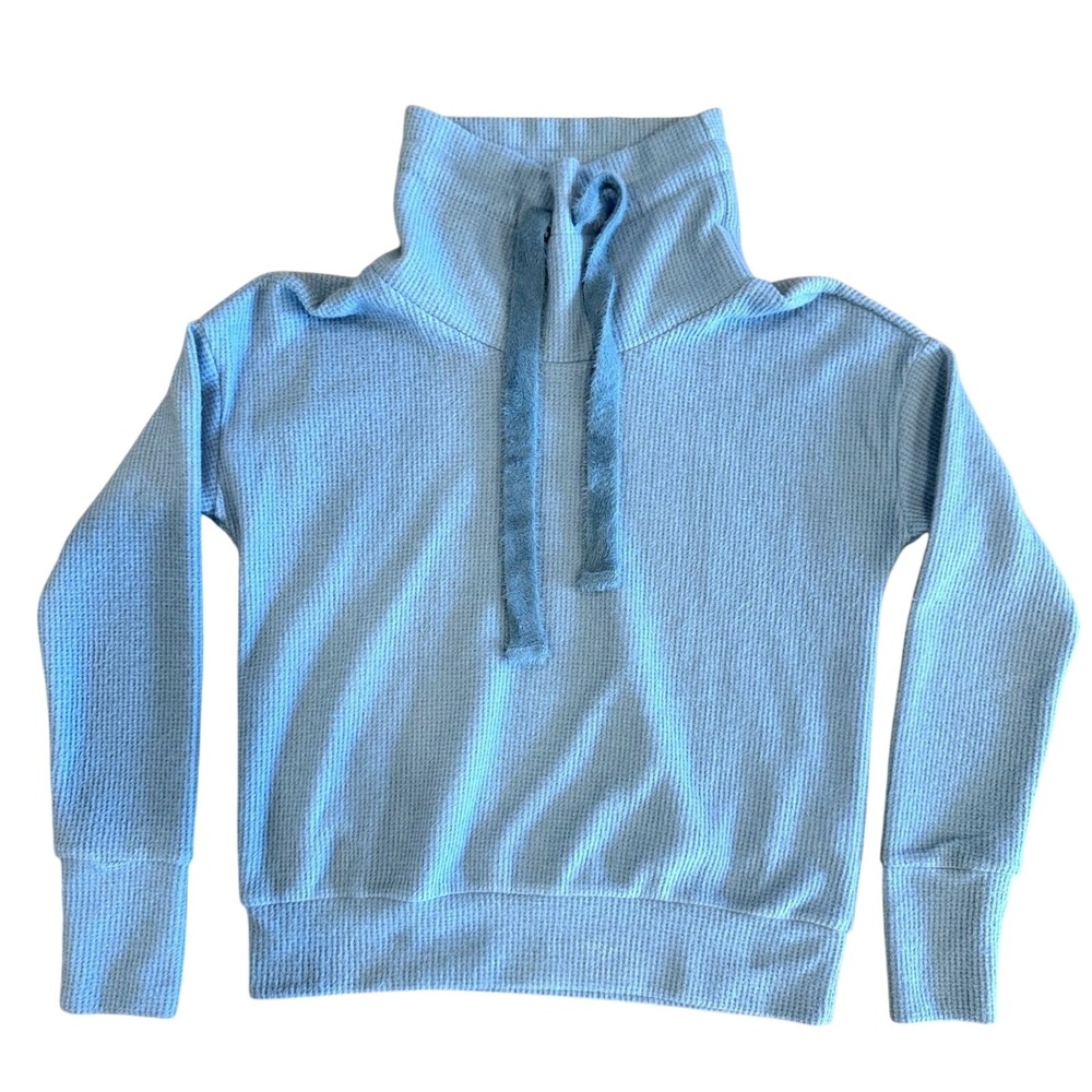 HALARA Womens Small Cowl Neck Blue Waffle Knit Drawstring Sweater - Picture 3 of 10